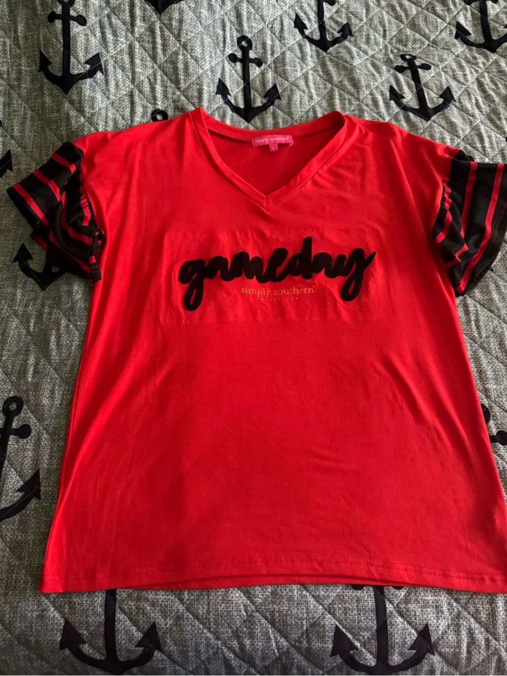 Simply Southern Red V-Neck 'Gameday' Tee with Black Script